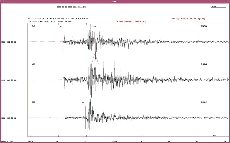 Plot af data fra den seismiske station ved Nuuk i forbindelse med jordsk&aelig;lvet mandag aften. Illustration: GEUS